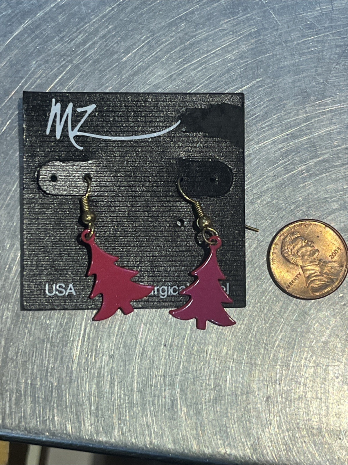 Vintage Christmas Tree Dangle Earrings Surgical Steel Pink