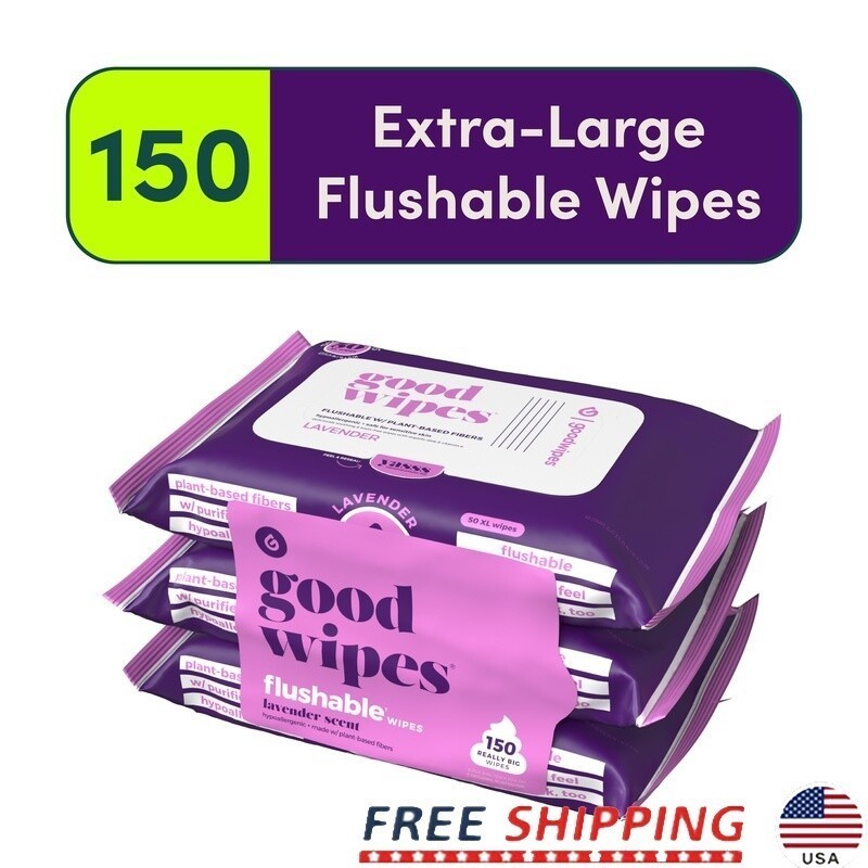 Flushable Butt White Wipes Lavender Scented Biodegradable 150 Count Soft Strong