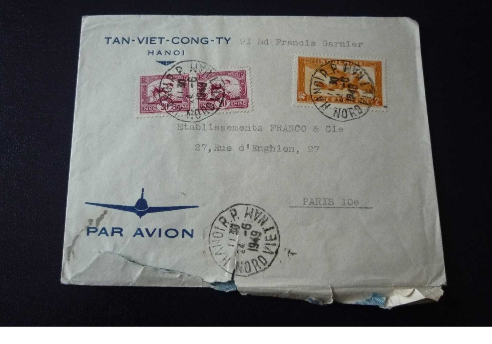 Indochina Vietnam No. 150033 Hanoi Marseille Airmail 1949 Stamps