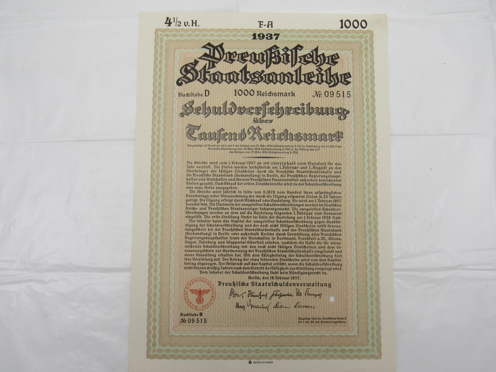1937 Preussische Staatsanleihe 1000 Reichsmark Bond Certificate 4.5% Germany