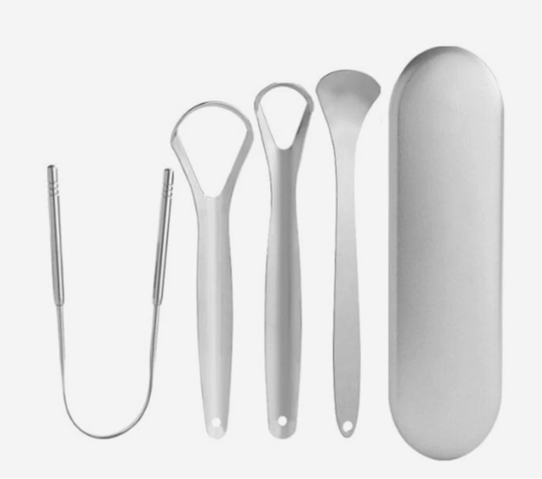 Set of 4 stainless steel metal tongue scrapers for adult oral hygiene