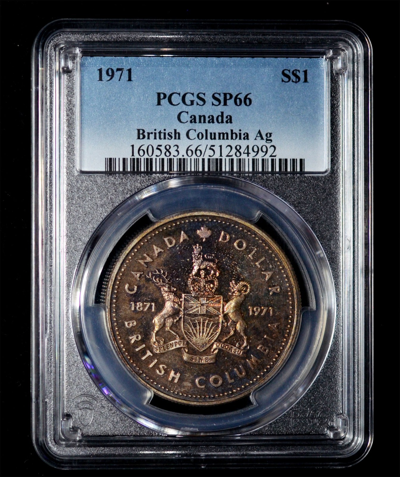 PCGS SP 66 1971 Canada British Columbia Centennial Silver Dollar  $1 - Toned