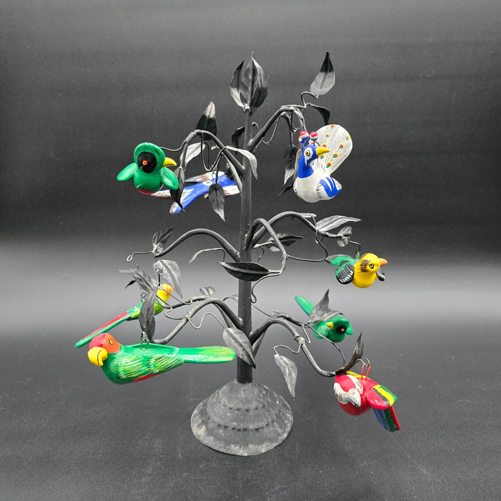 Lacquered Paper Mache Birds in Metal Tree Vintage 8 Bird Ornaments AS IS
