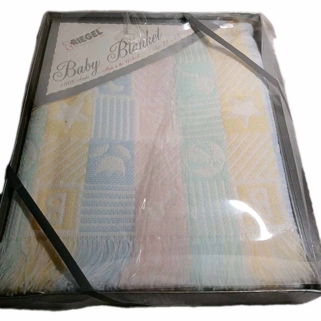 Vtg Riegel Baby Blanket Pastel ABC Block Squares Acrylic Fringe NOS NIB 37"×43" 