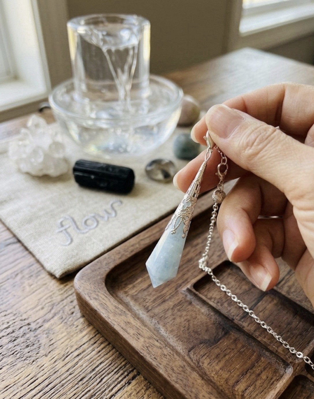 Natural Aquamarine Crystal Pendulum Dowsing Point Silver Filigree Healing Reiki