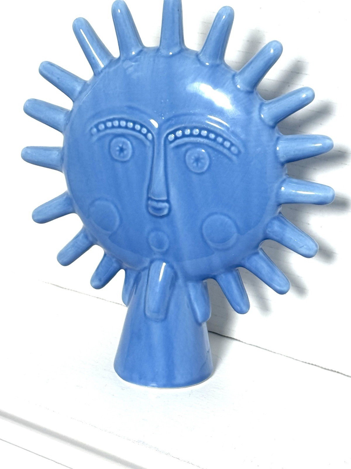 Modernist Style Glazed Blue Ceramic Sun Face Glossy Figure Sculpture