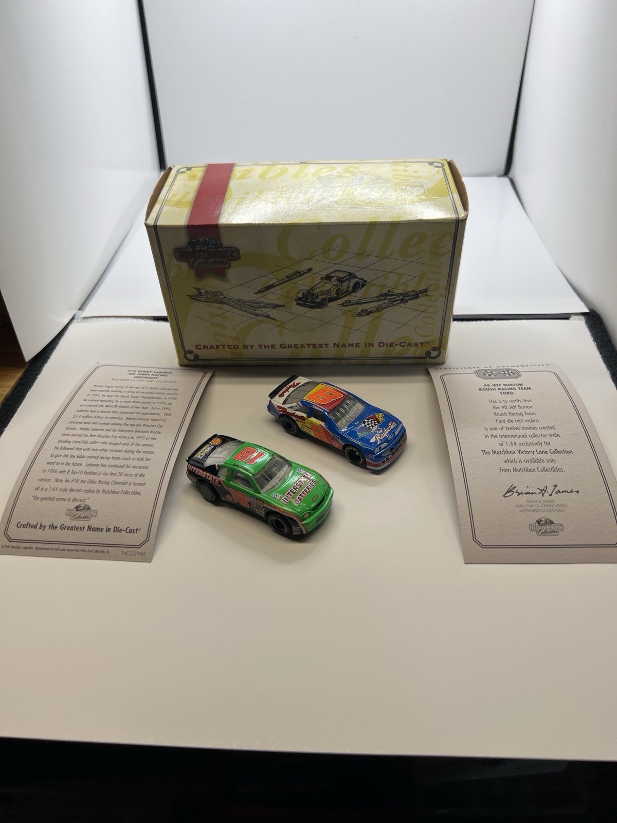 Matchbox Victory Lane NASCAR Set Bobby Labonte #18 Jeff Burton #8 1:64 w/COA Box