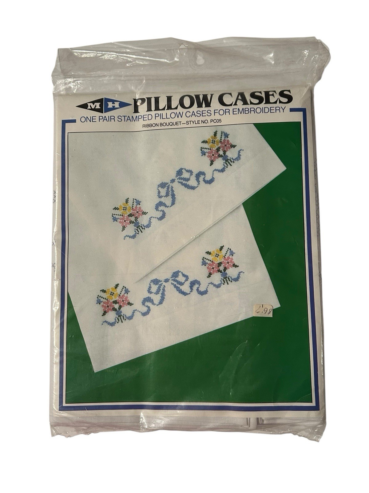 NEW Vintage 1983 MH Yarn Inc Stamped Pillowcases Ribbon Bouquet No. PC05