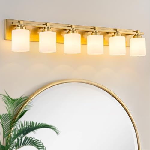 6 Light Modern Bathroom Light 6-Lights Brass - Milky White Glass Shades