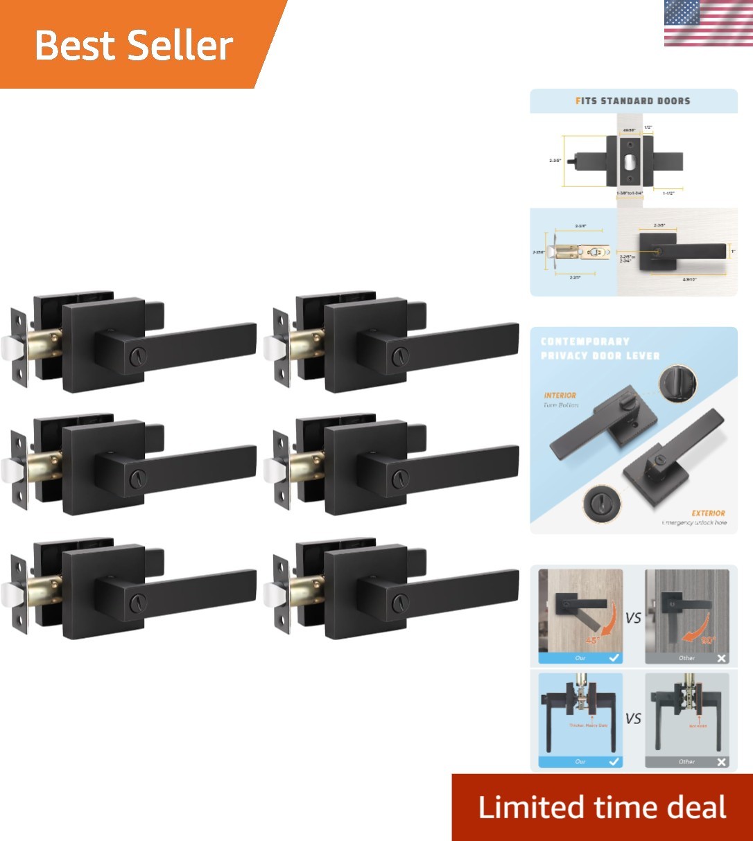 6 Pack Black Privacy Door Handles Leverset Set for Bed & Bath, Easy Install