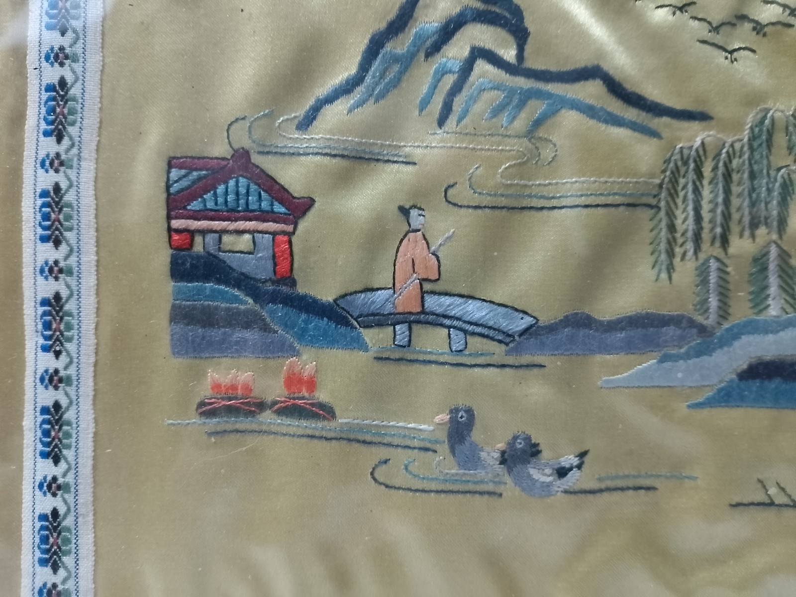 Antique Japanese Embroidered Silk Art Pagoda Monk w/caneBridge Mtns Framed 11X12