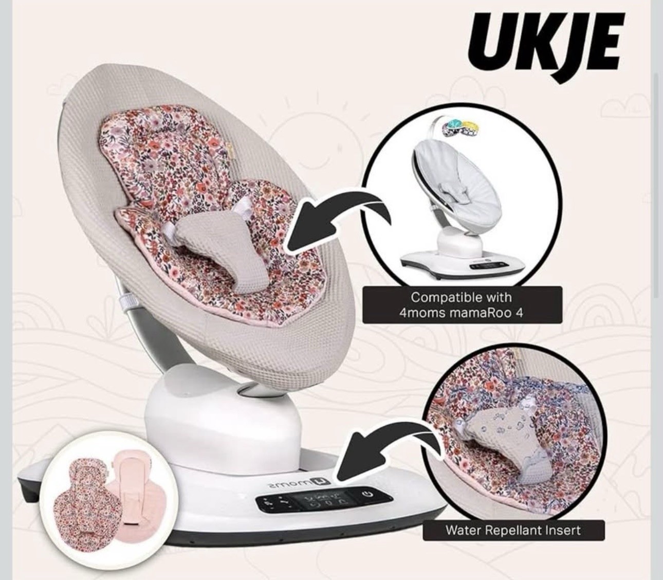 UKJE Reversible Cover Insert for 4moms mamaRoo 4 Floral Pink Water Repellant