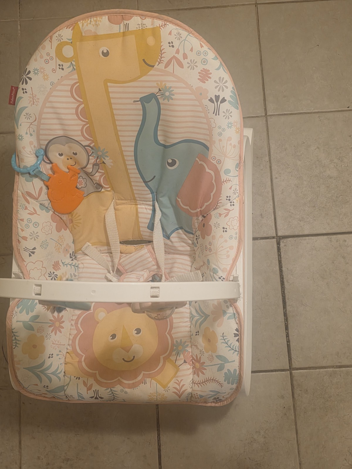 Fisher-Price Infant Baby Bouncer Multicolor with Toy Bar and Animal Print