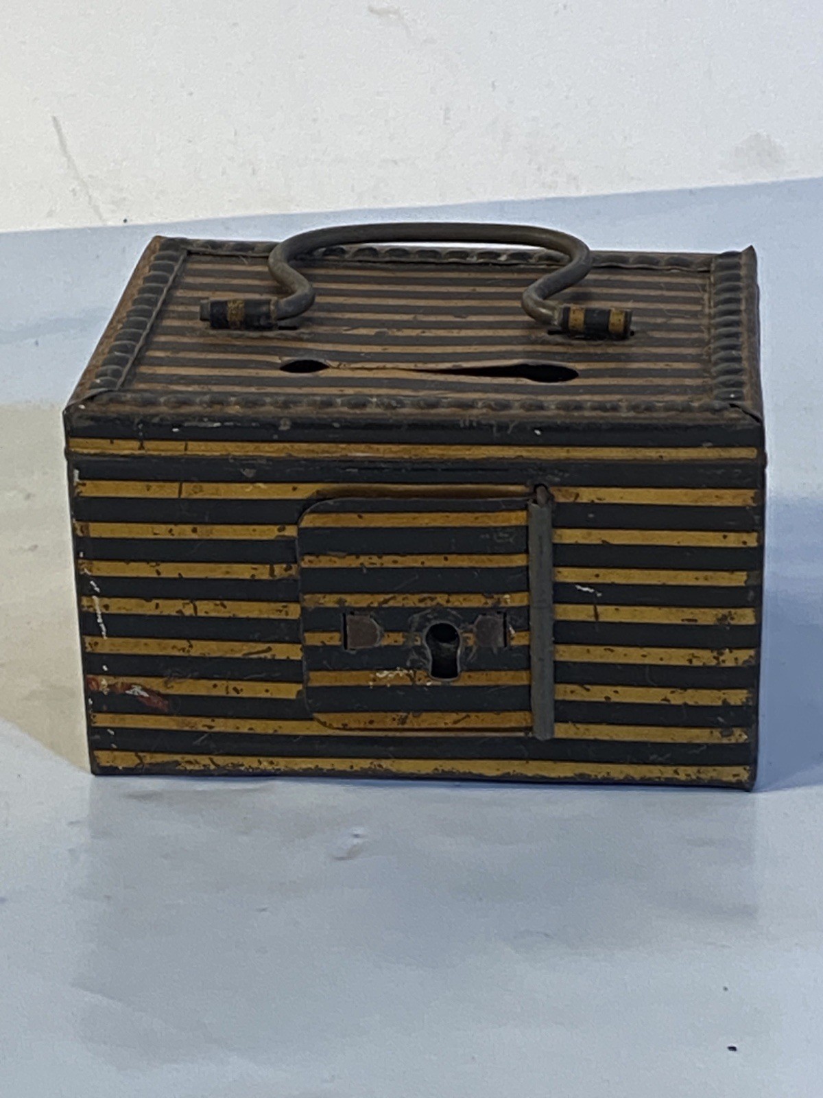 Antique Coin Bank Striped Black-Gold Tin Metal Lock Box Small Made Germany