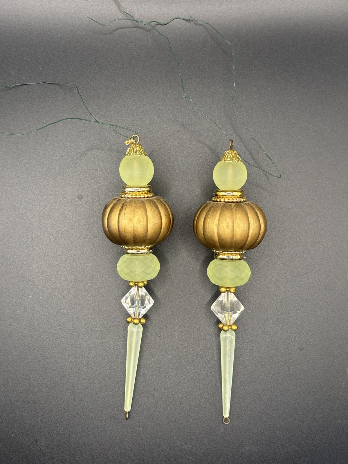 Pair of  Vintage Green Frosted Plastic Christmas Icicle Beaded Ornaments.