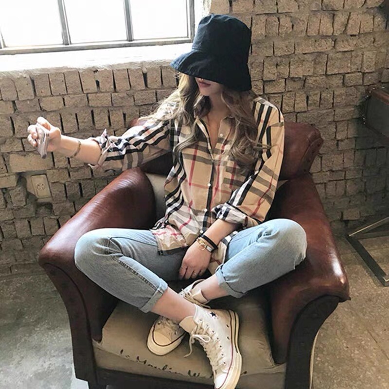 New Women's Brown Plaid Shirt Button Up Long Sleeve Cotton Sz S