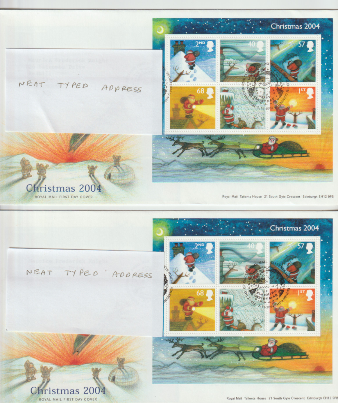 GB 2004 Christmas M/S x 2  FDC`s Tallents & London pmks typed address. see notes