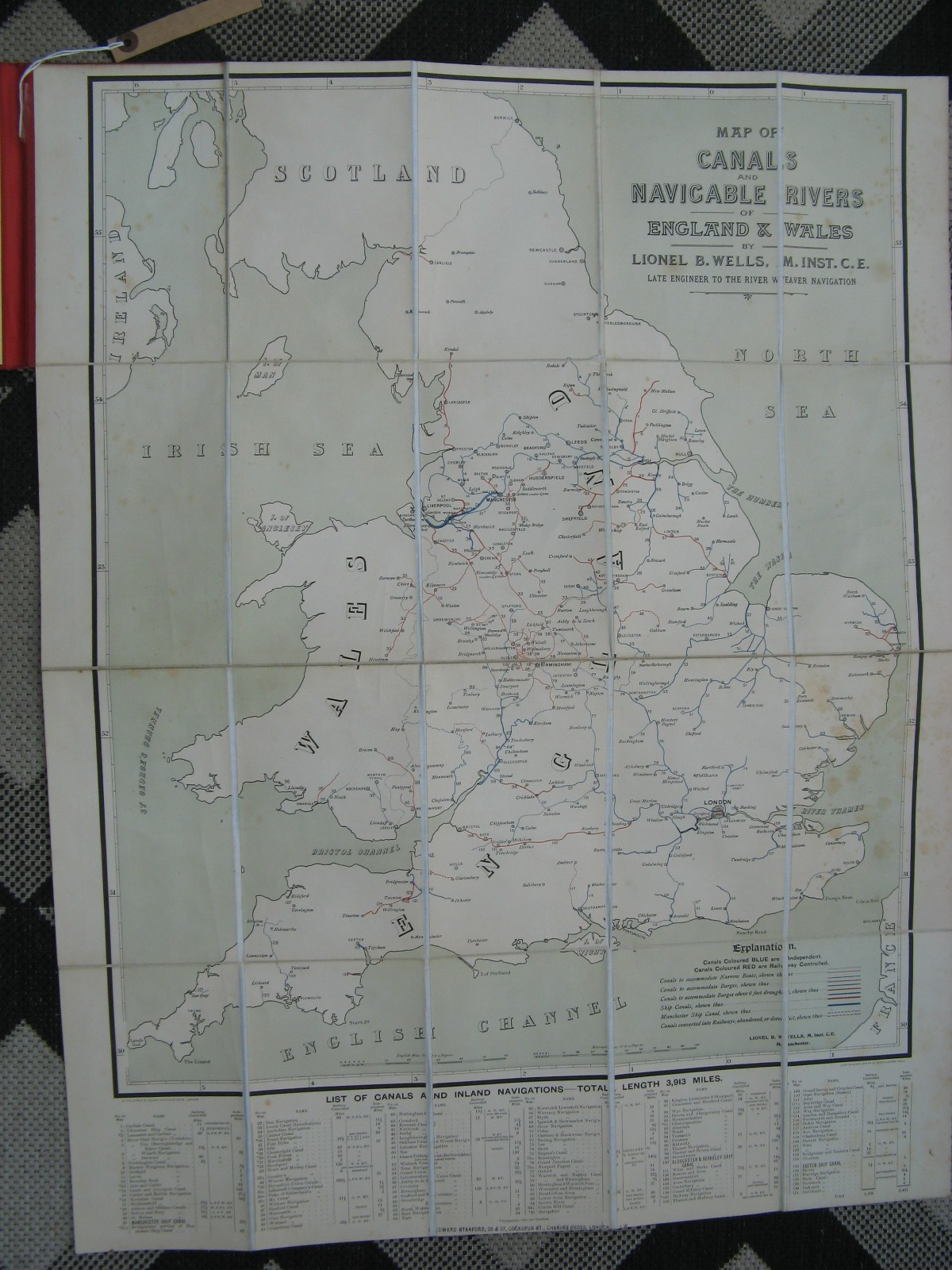 100% ORIGINAL ENGLAND AND WALES CANAL RIVERS  FOLDING MAP BY L WELLS C1894 VGC