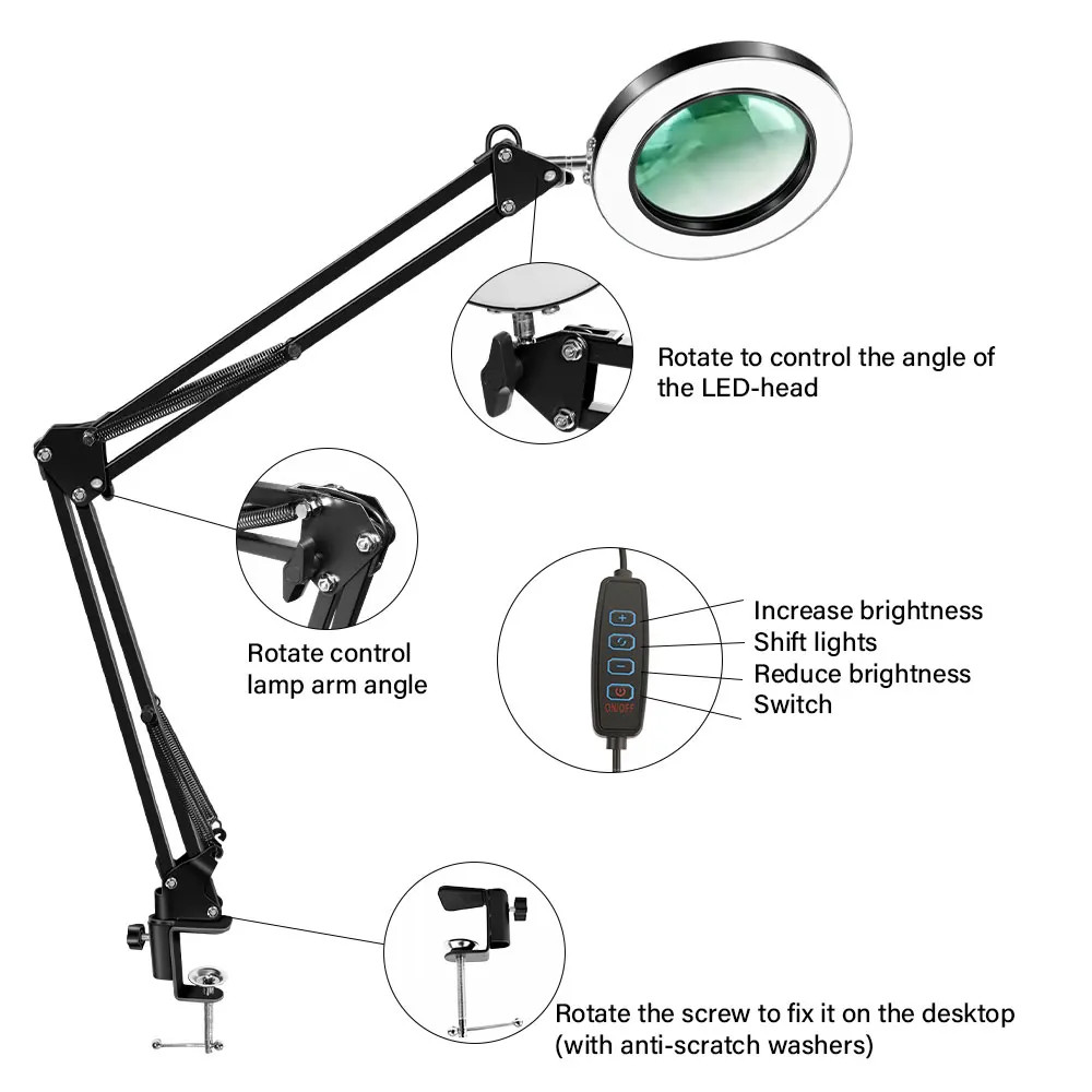Magnifying Glass with Light Stepless Dimmable Clamp Adjustable Swing Arm LED Lot