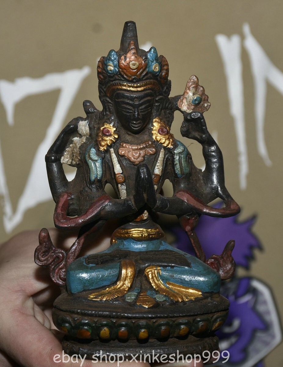 5.4" Old Tibet Bronze Paintings Buddhism 4 Hands Guan Yin Goddess Statue
