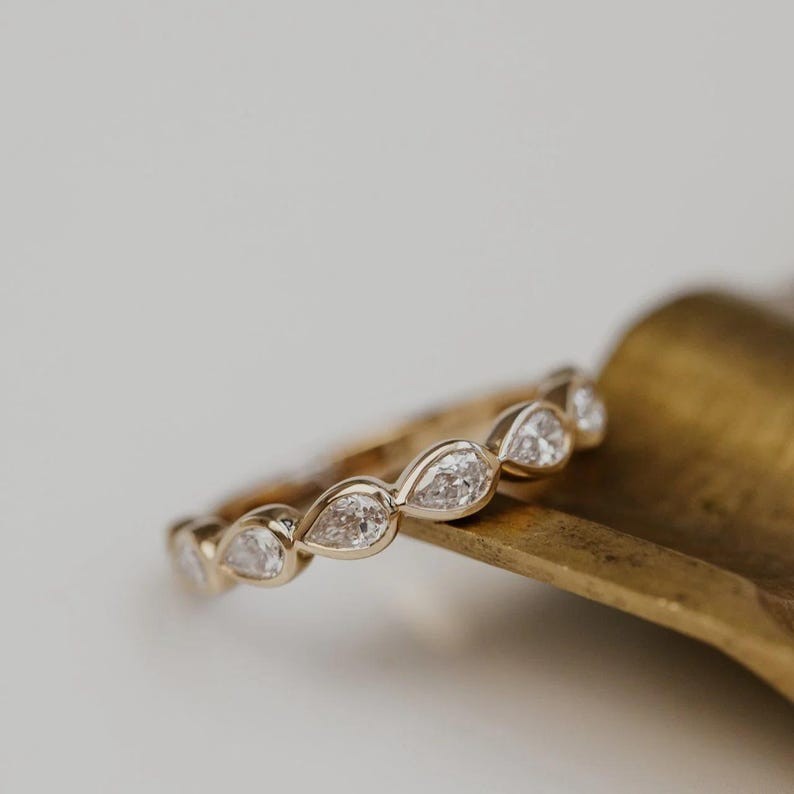 Matching Wedding Band East To West Pear Cut Moissanite Bezel Set Eternity Band