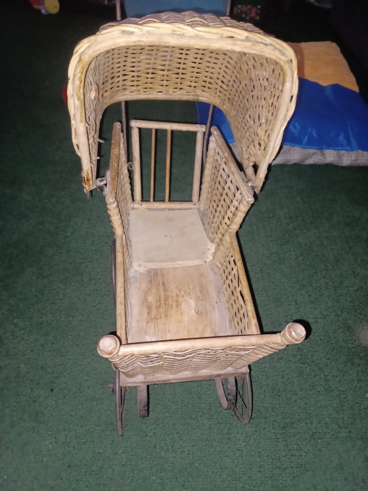 Antique wicker baby buggy 22" X 34" functional moving parts With Dream Baby Doll