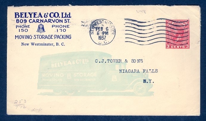 CANADA 3c MEDALLION 1937 ILLUSTRATED BELYEA & CO NWM BC TO USA