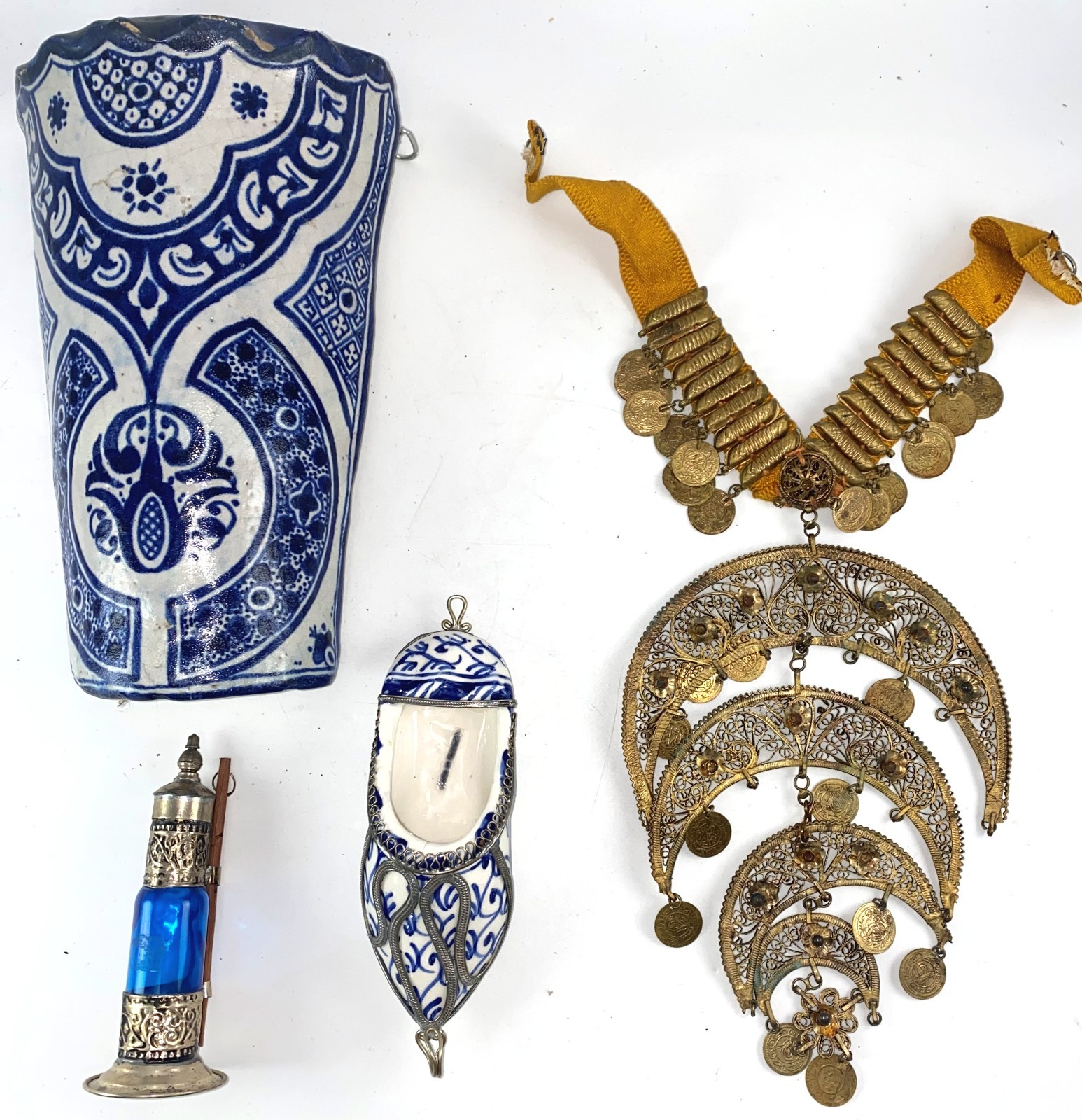 Morocco Nomad Necklace Kohl Glass Bottle Babouche Slipper Roof Tile Blue White