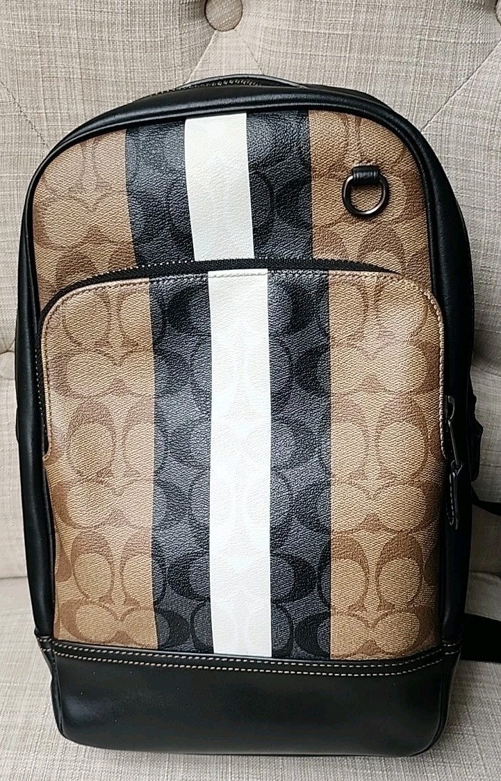 Coach Graham Color Block  Signature Leather  Crossbody Slingback  Blk Wht Tan