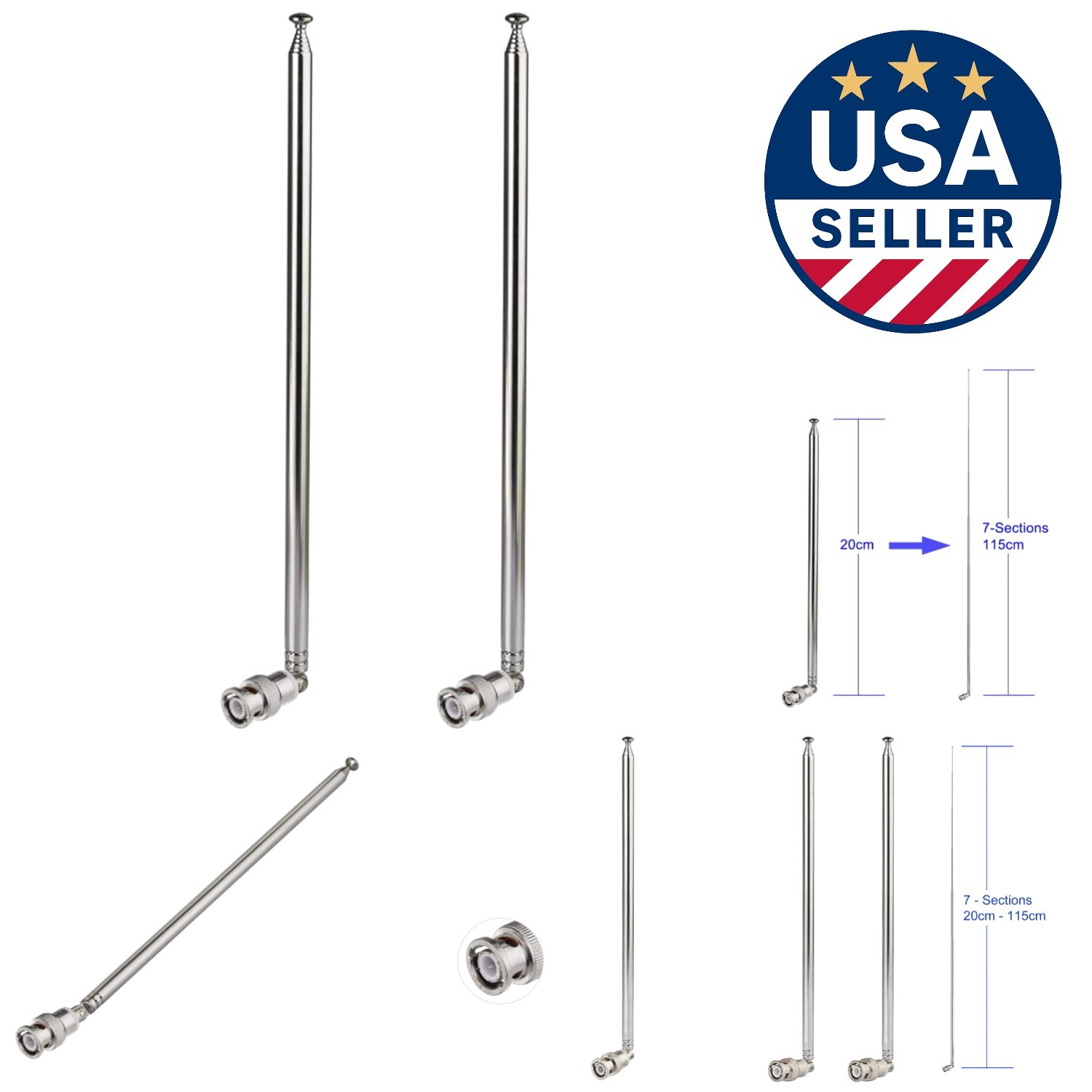 Portable 2-Pack 20-1300MHz Telescopic Antennas with BNC Connector for Ham Radios