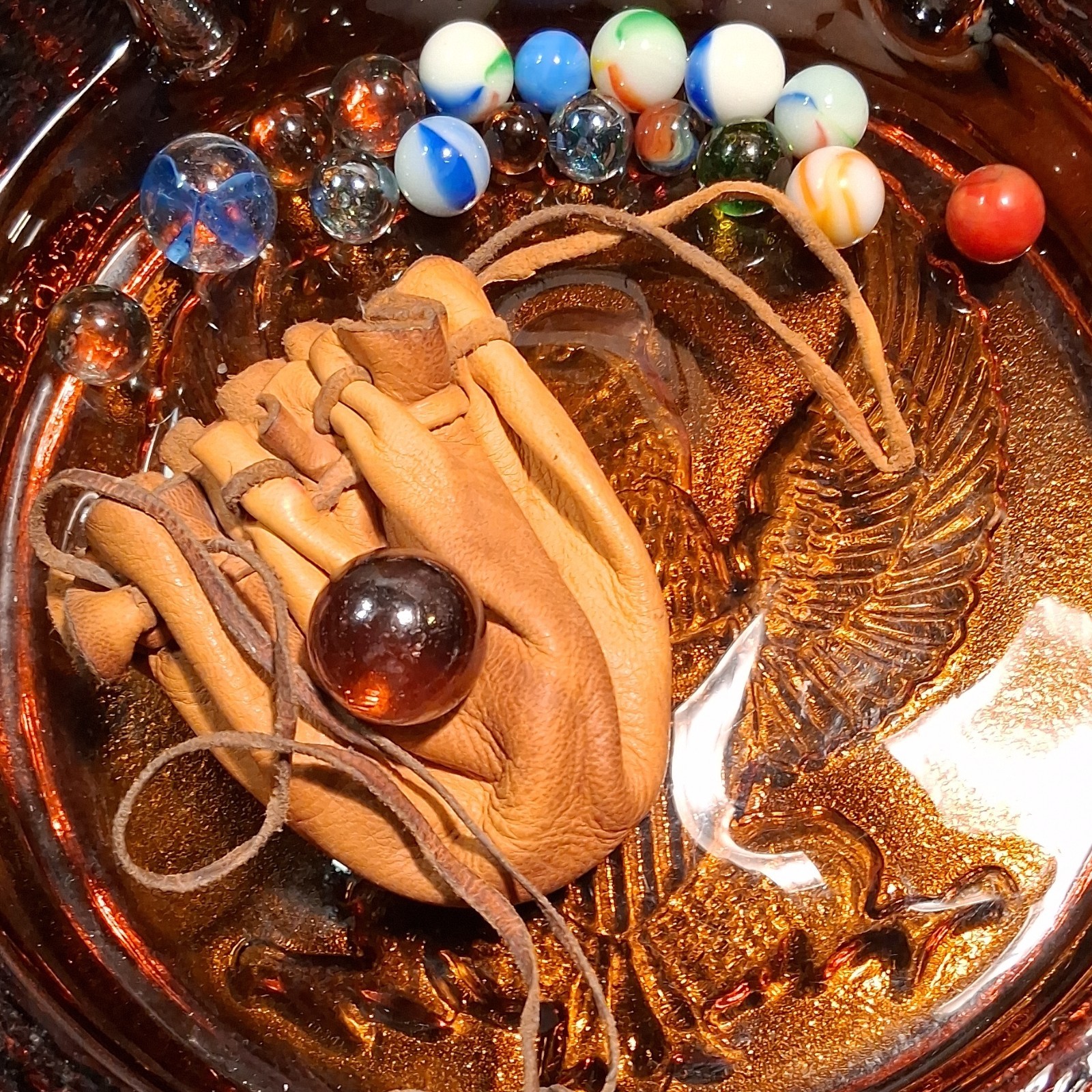 Mixed Machine Made Toy Marbles Collection with Leather Pouch
