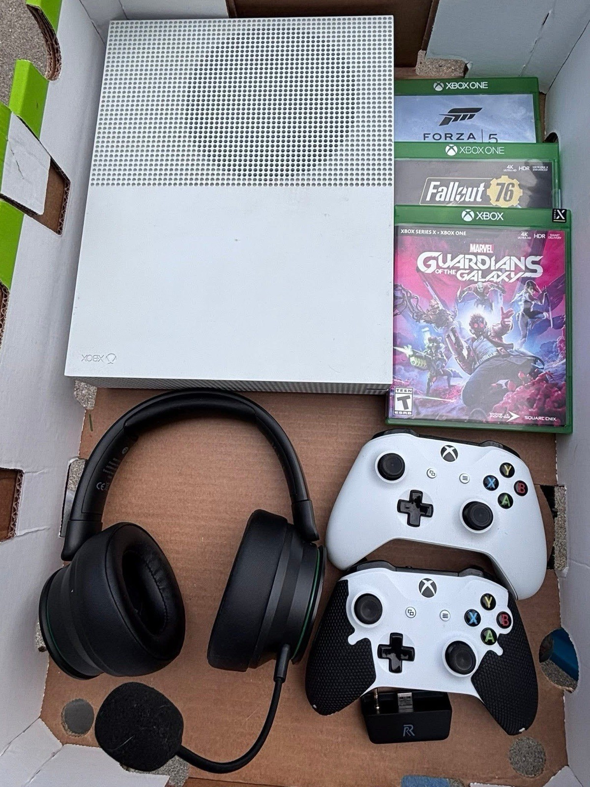 Microsoft Xbox One S with Controllers, Headset, Forza, Fallout, Guardians