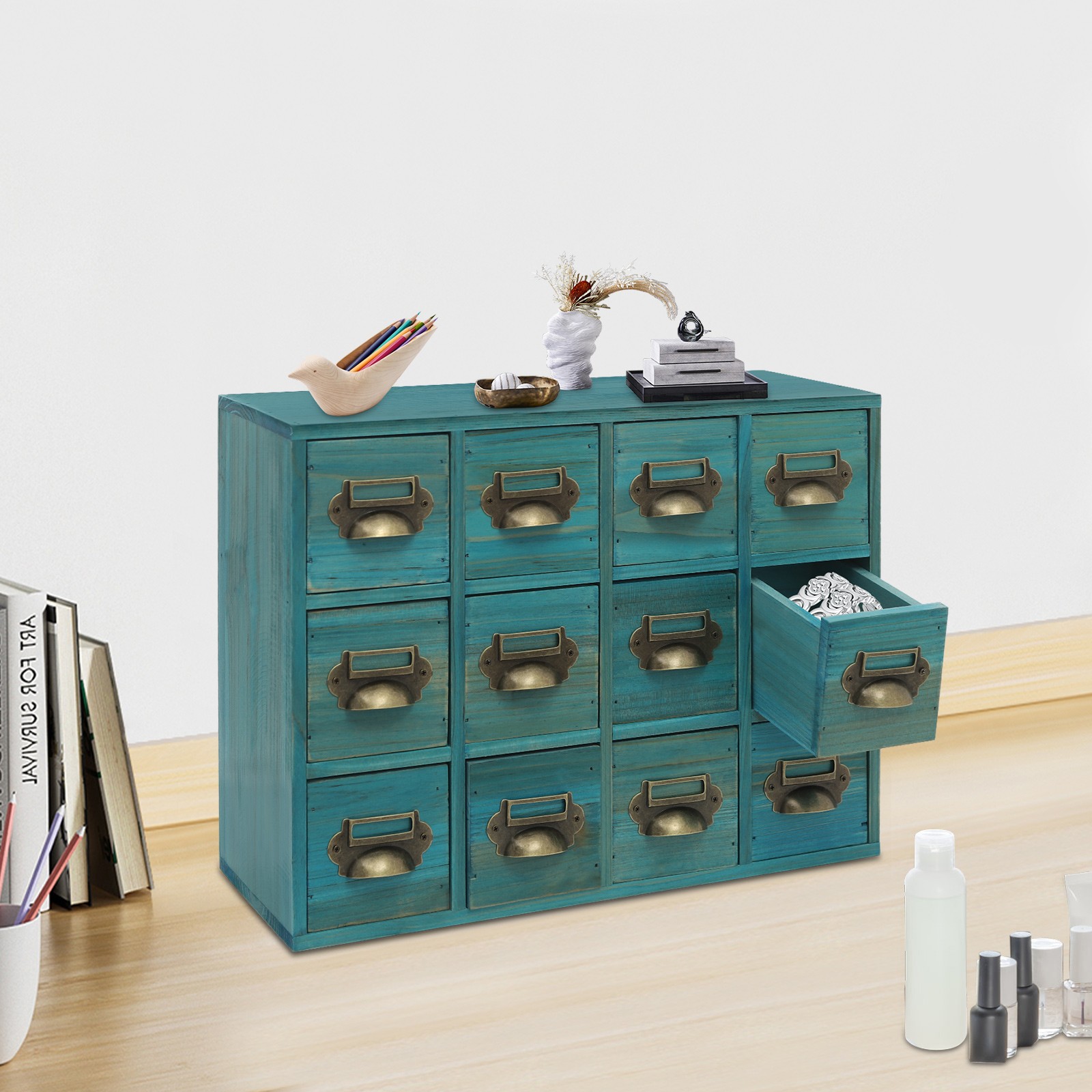 12 Drawers Vintage Tabletop Apothecary Storage Box Library Card Catalog Cabinet