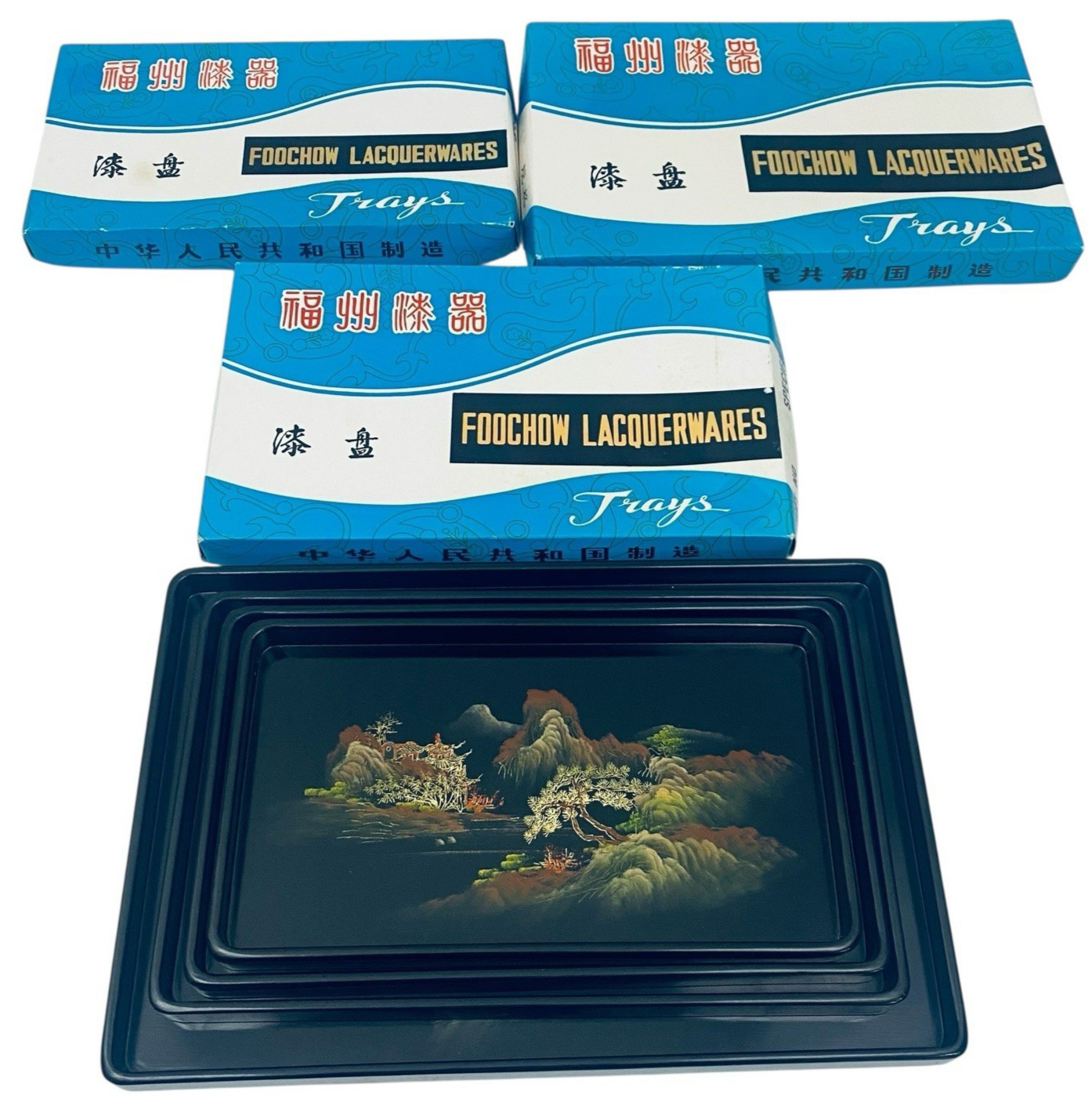 Vintage Chinese Foochow Lacquer Ware Nesting Trays Serving Trays Hand Painted