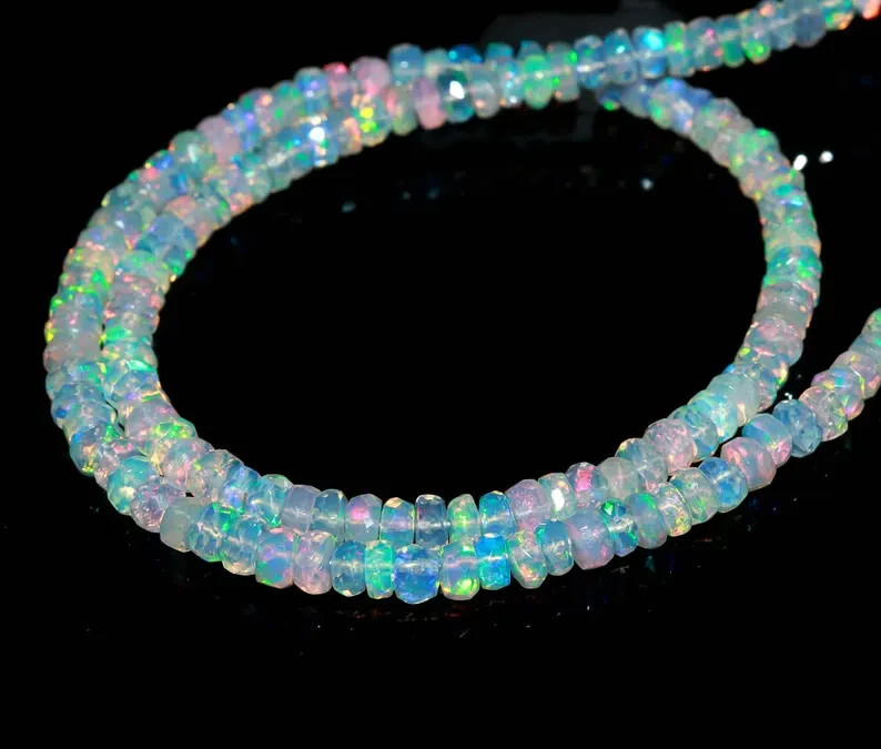 Natural Ethiopian Opal Rondelle Beads, AAA Flashy White Opal Faceted Jewelry