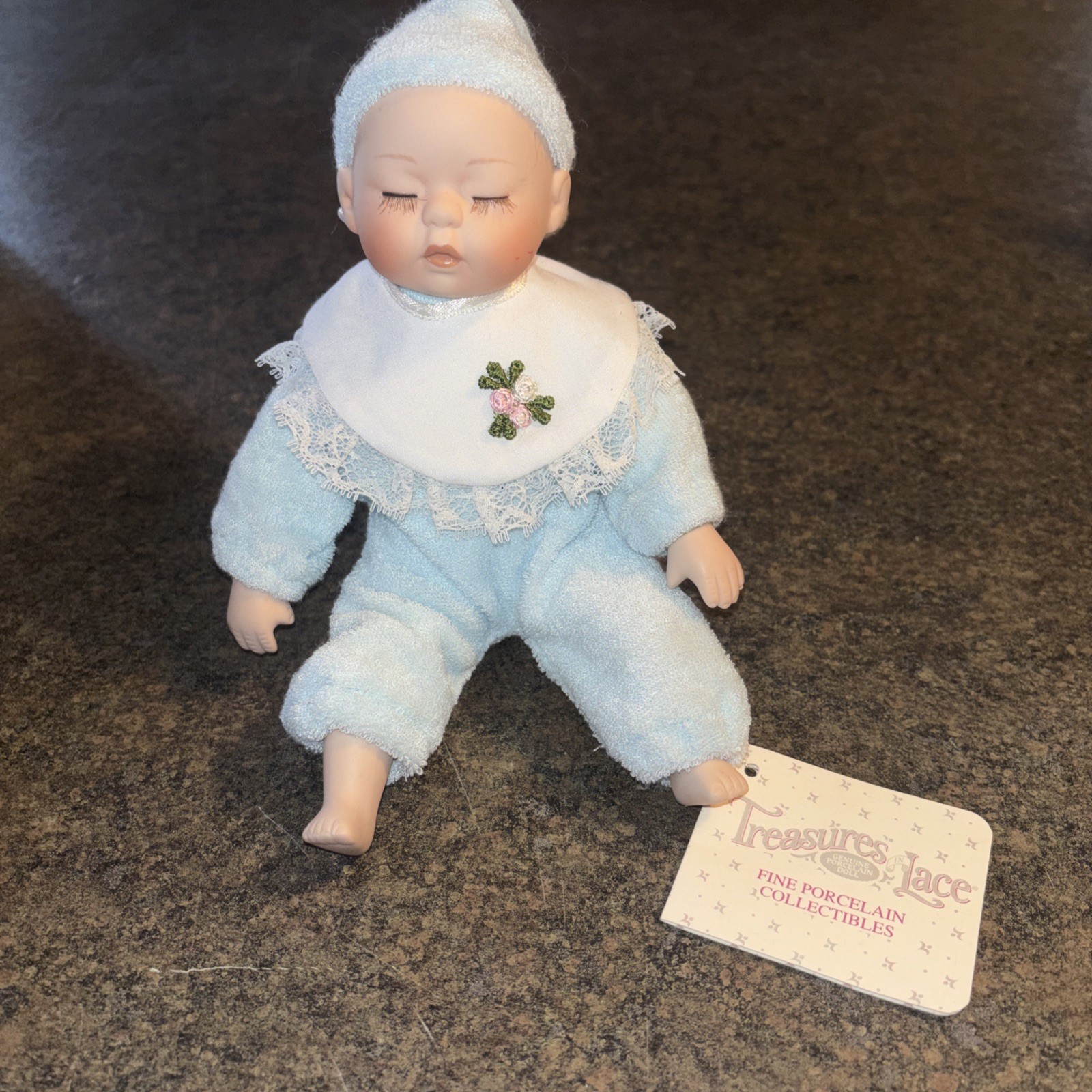 Vintage Treasures In Lace Baby Blue Porcelain Sleeping Baby Doll 7 Inches Tall