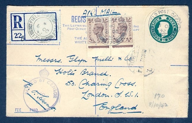 GREAT BRITAIN 1944 KGVI 3D REG ENV FPO 170 AIR TO UK