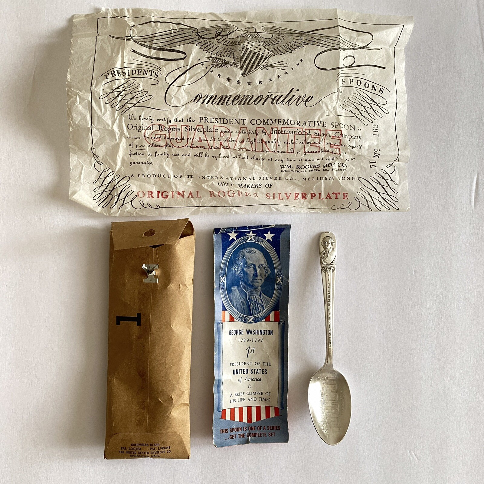 1939 George Washington No 1 US Presidents Rogers Co IS Silver Plated Spoon Cert