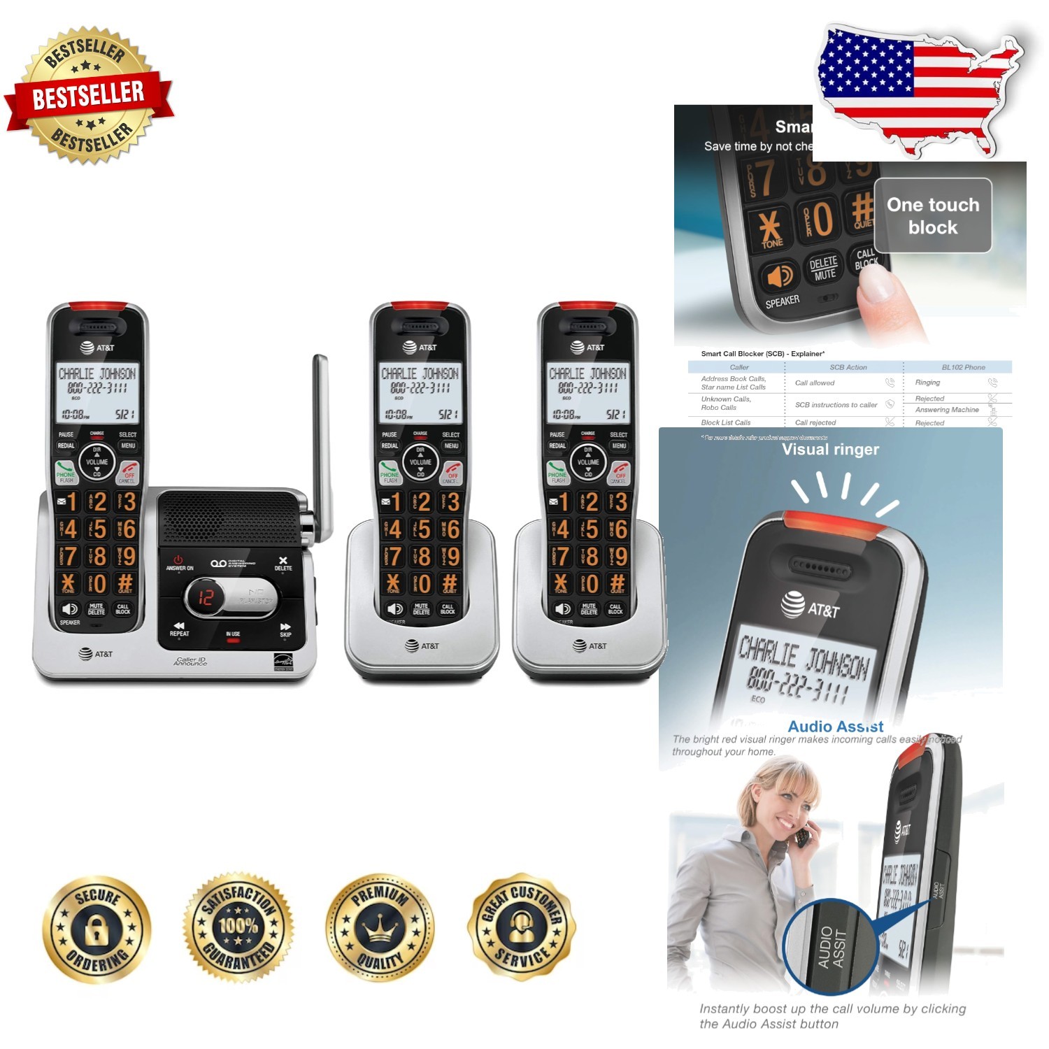 DECT 6.0 Cordless Phone System 3 Handsets Digital Answering Unsurpassed Range