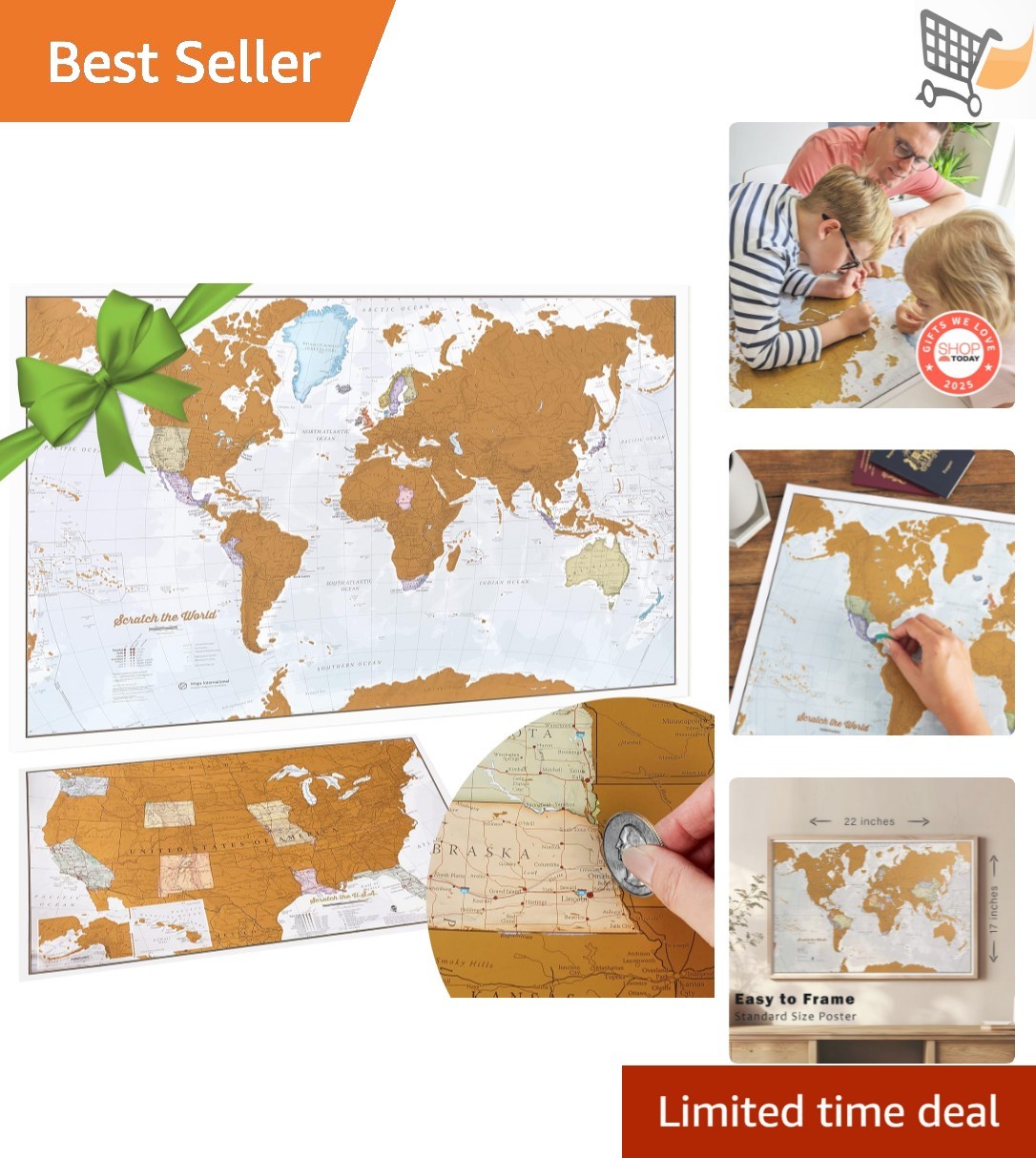 World and USA Scratch Off Maps Poster Set 17x22 & 11x17 Travel Gift