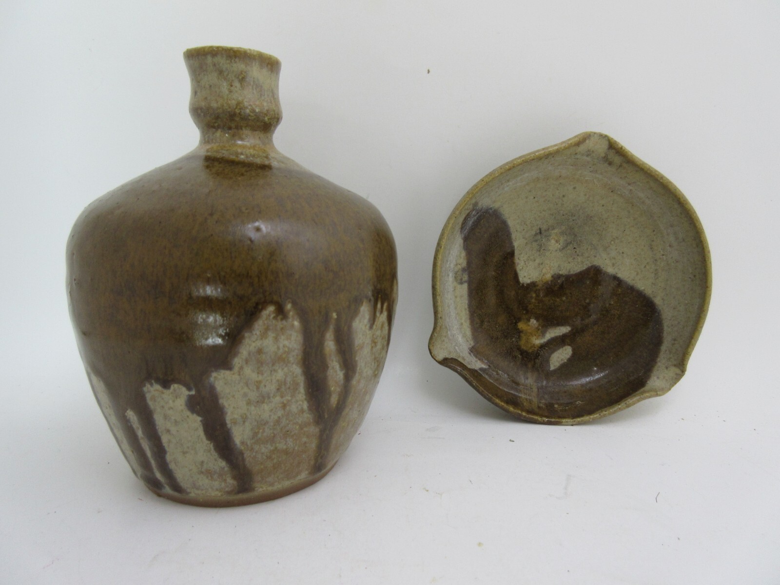 2 Old Vintage Sydney Nova Scotia Studio Art Pottery Vase & Ashtray Tan Brown