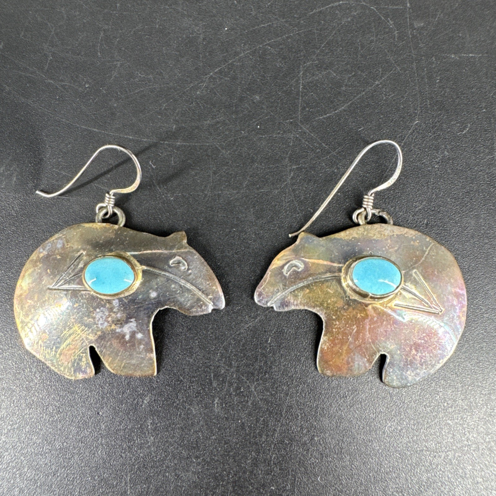 Native American Earrings Sterling Silver Bear Shaped Turquoise Stamped H. Wood