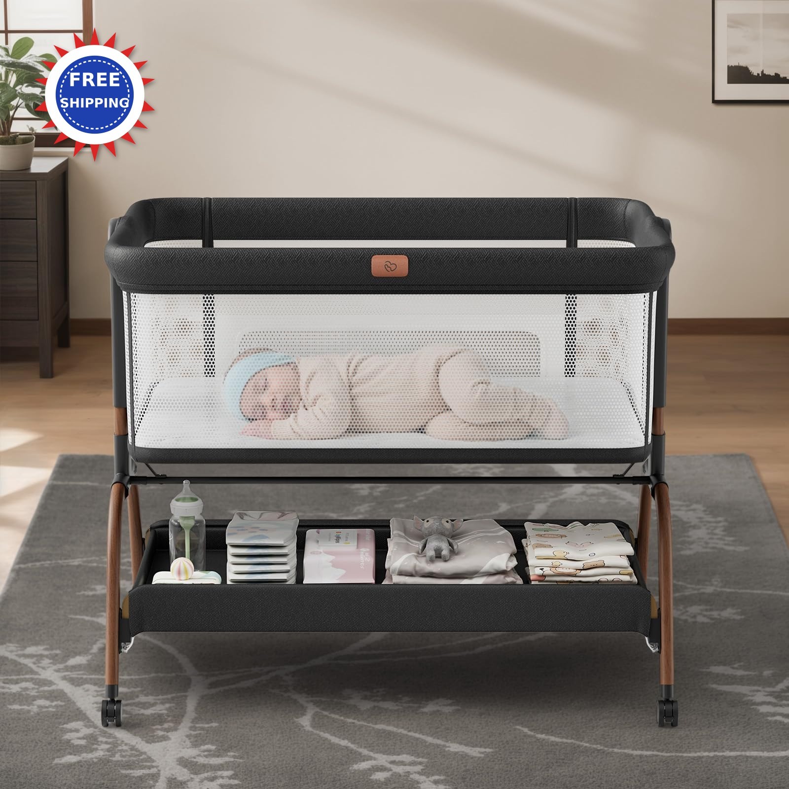 Crib 3-in-1 Baby Bassinet Bedside Sleeper 6 Height Adjustable Mattress Soft