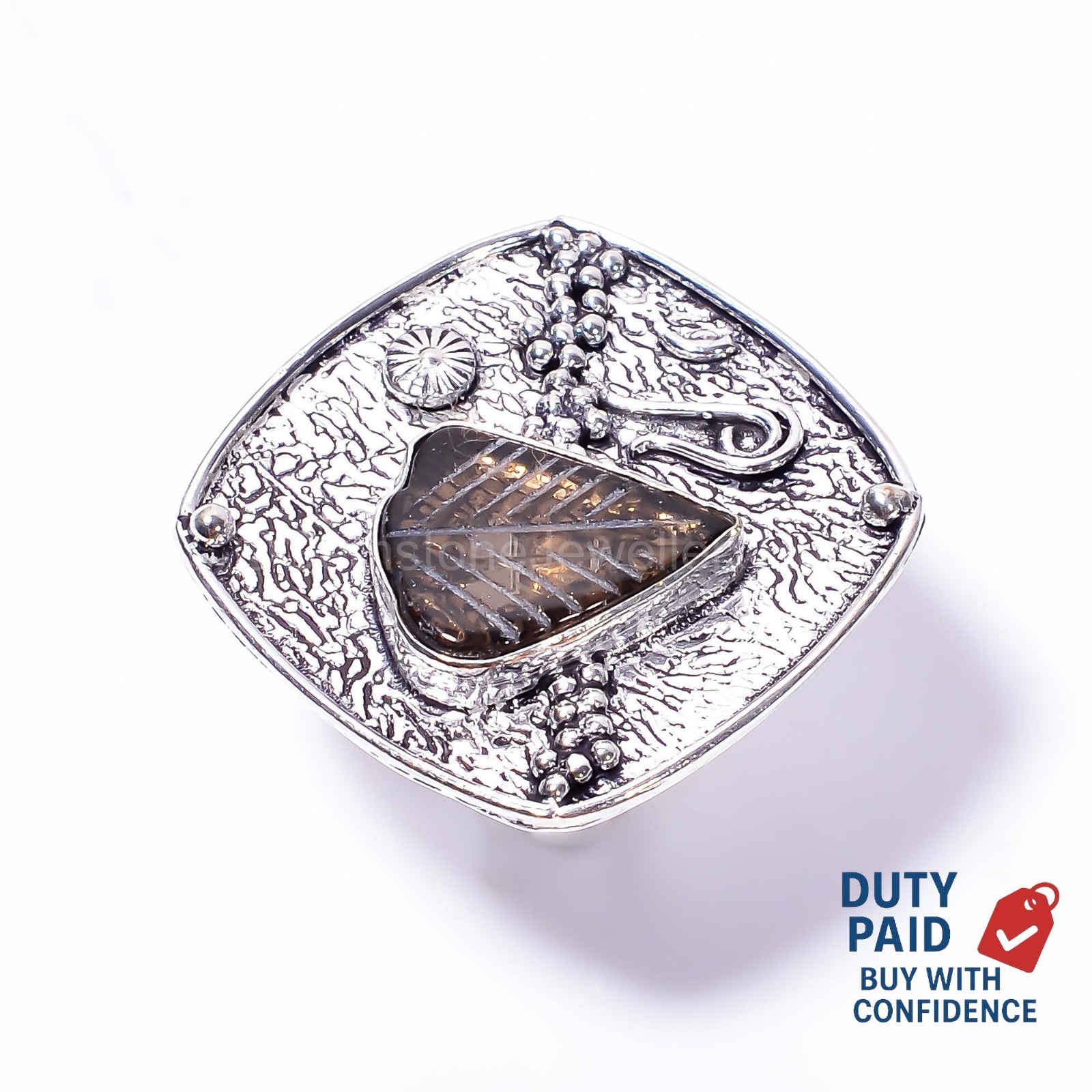 Smoky Quartz Promise Vintage Ethnic Sister Ring Jewelry Size 8 Sterling Silver