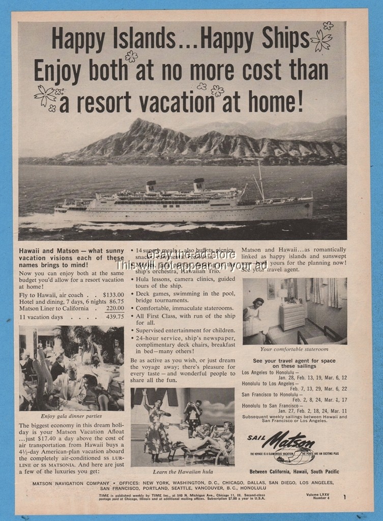 1960 Hawaii Happy Islands Learn to Hula dance Matson Lines Cruise Ship travel ad