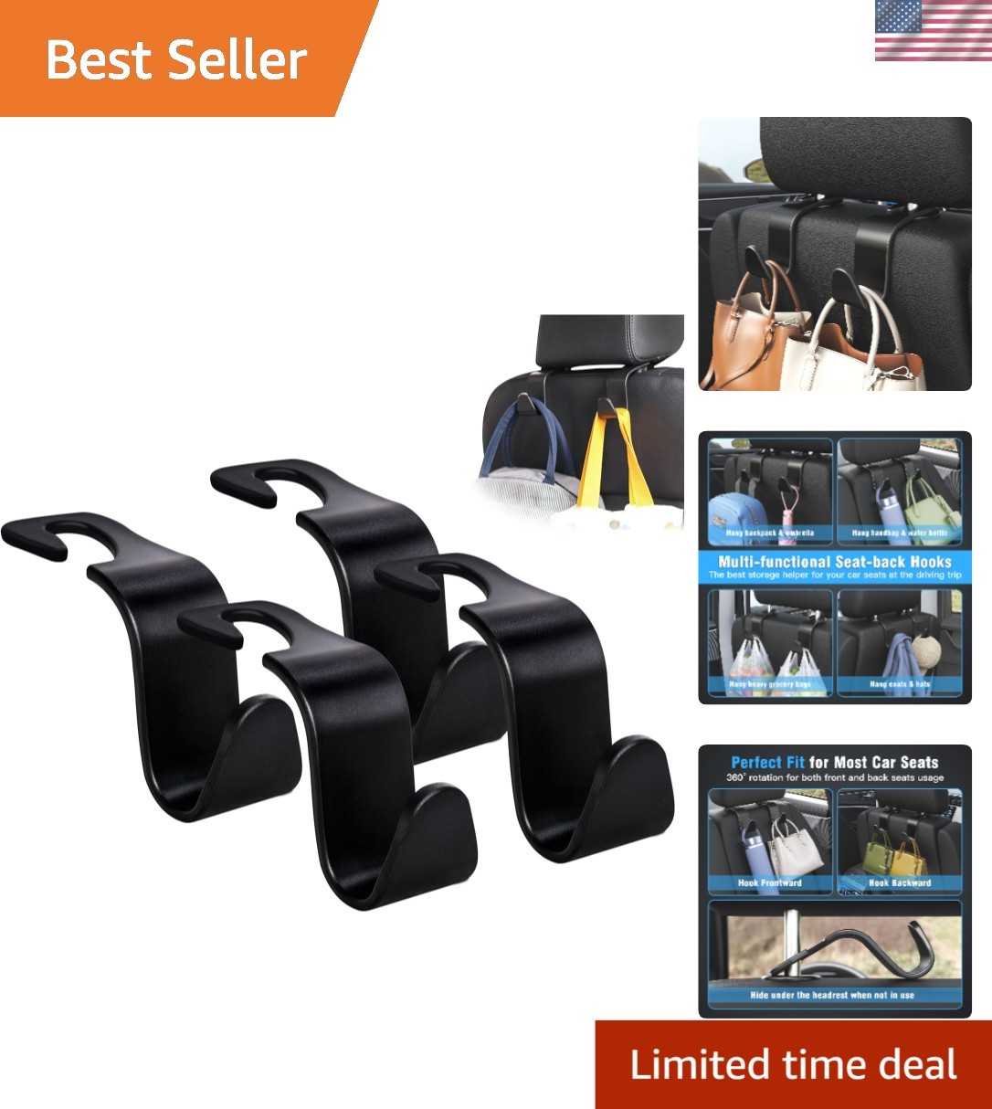 4 Pack Car Seat Headrest Hooks - Universal Organizer for Stylish Vehicle Storage