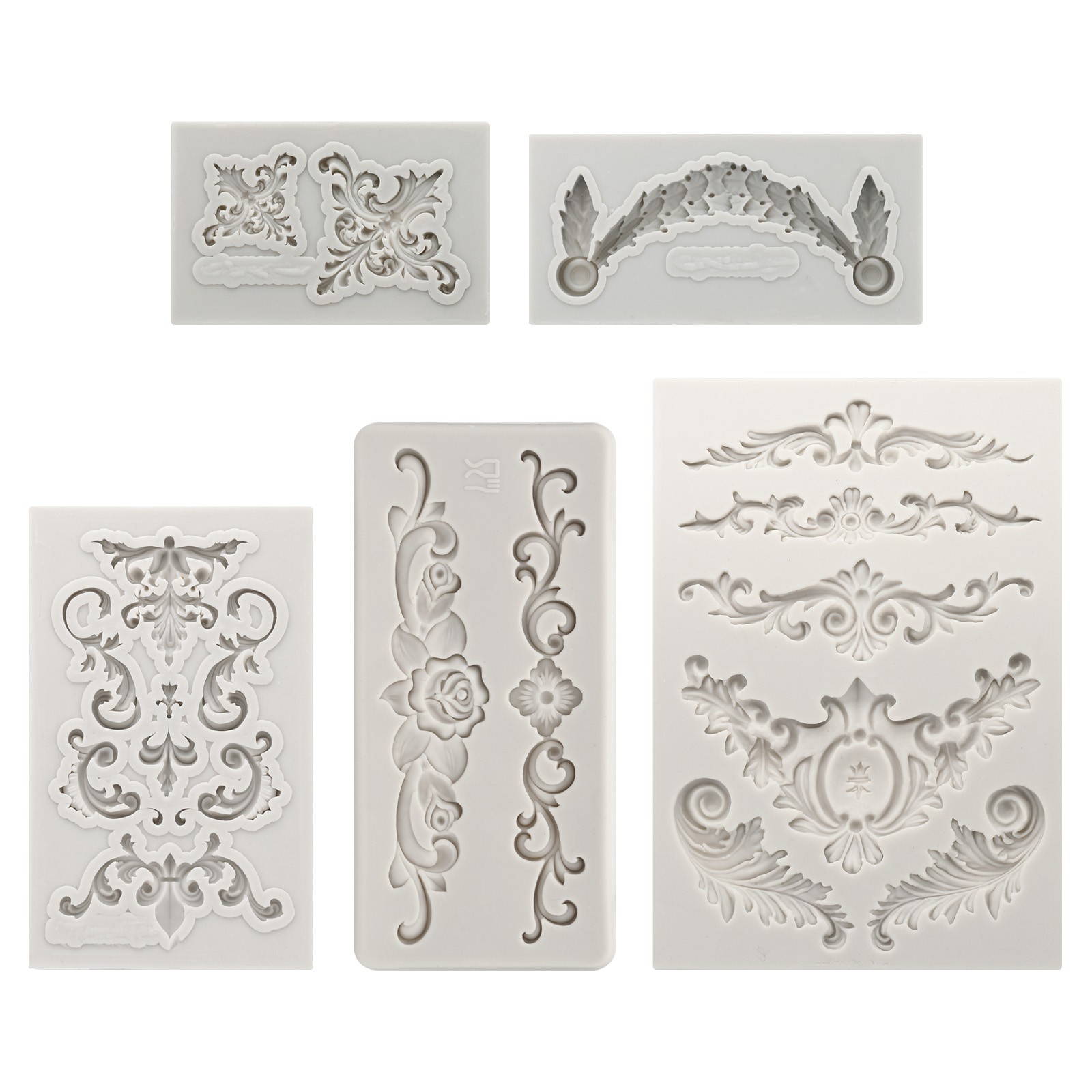 Pack of 5 Polymer Clay Fondant 3D Baroque Iod-Mold Silicone Grey