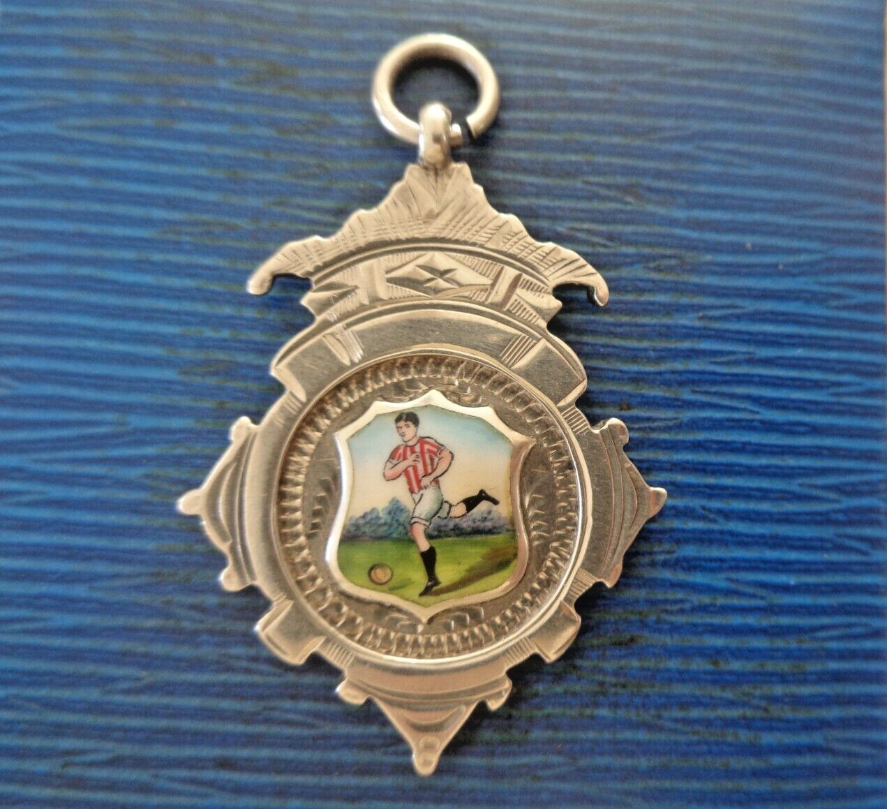 Silver Football Fob Medal Pendant  Enamel Sterling  hallmark  1920 William Adams