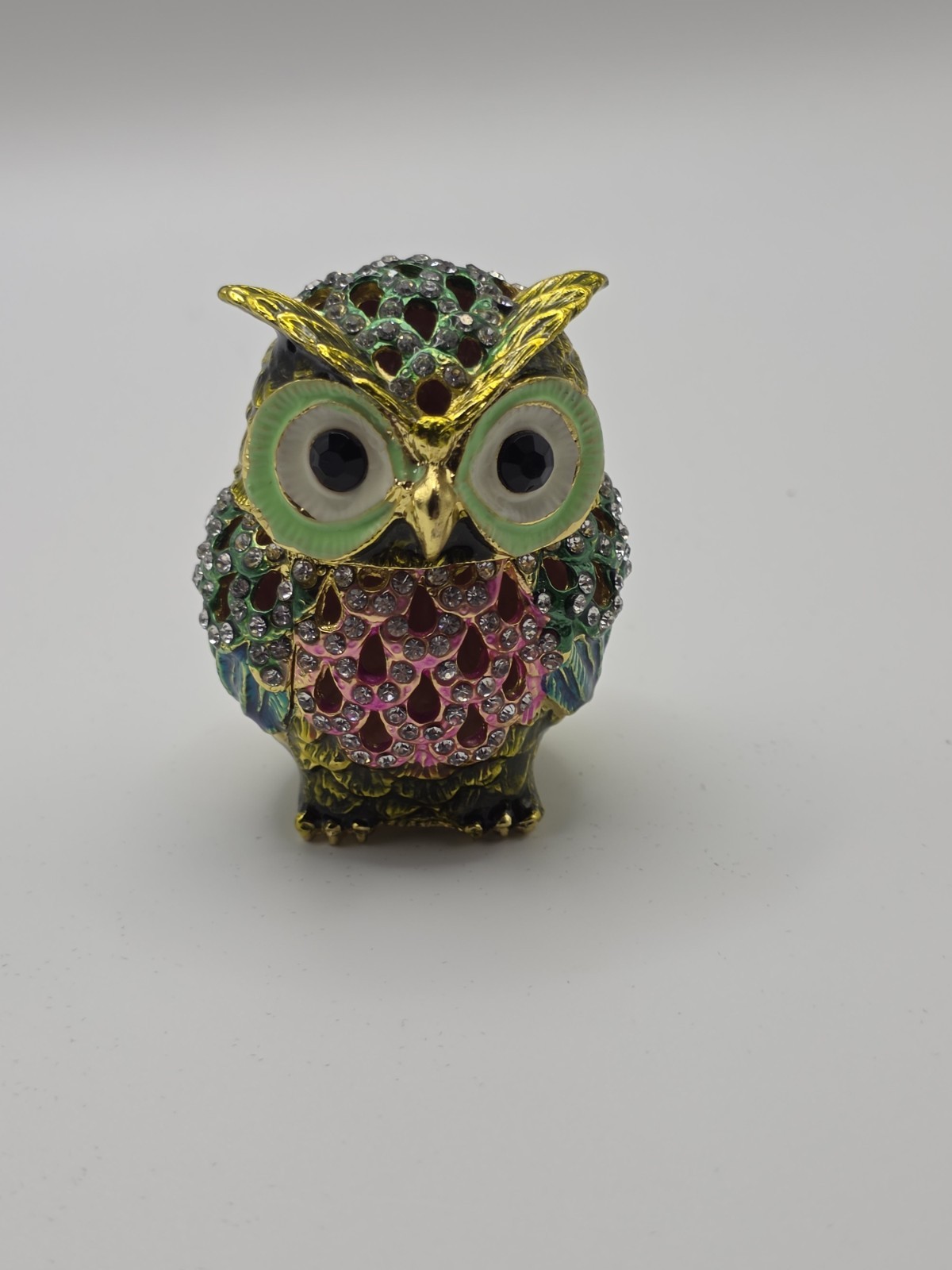 Rhinestone Bejeweled And Enamel Owl Trinket Keepsake Box