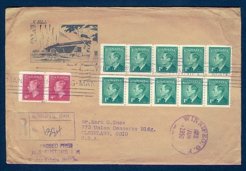 CANADA #297 (2 STRIPS OF 4), #300 COIL PAIR 1950 REG PACKET TO USA